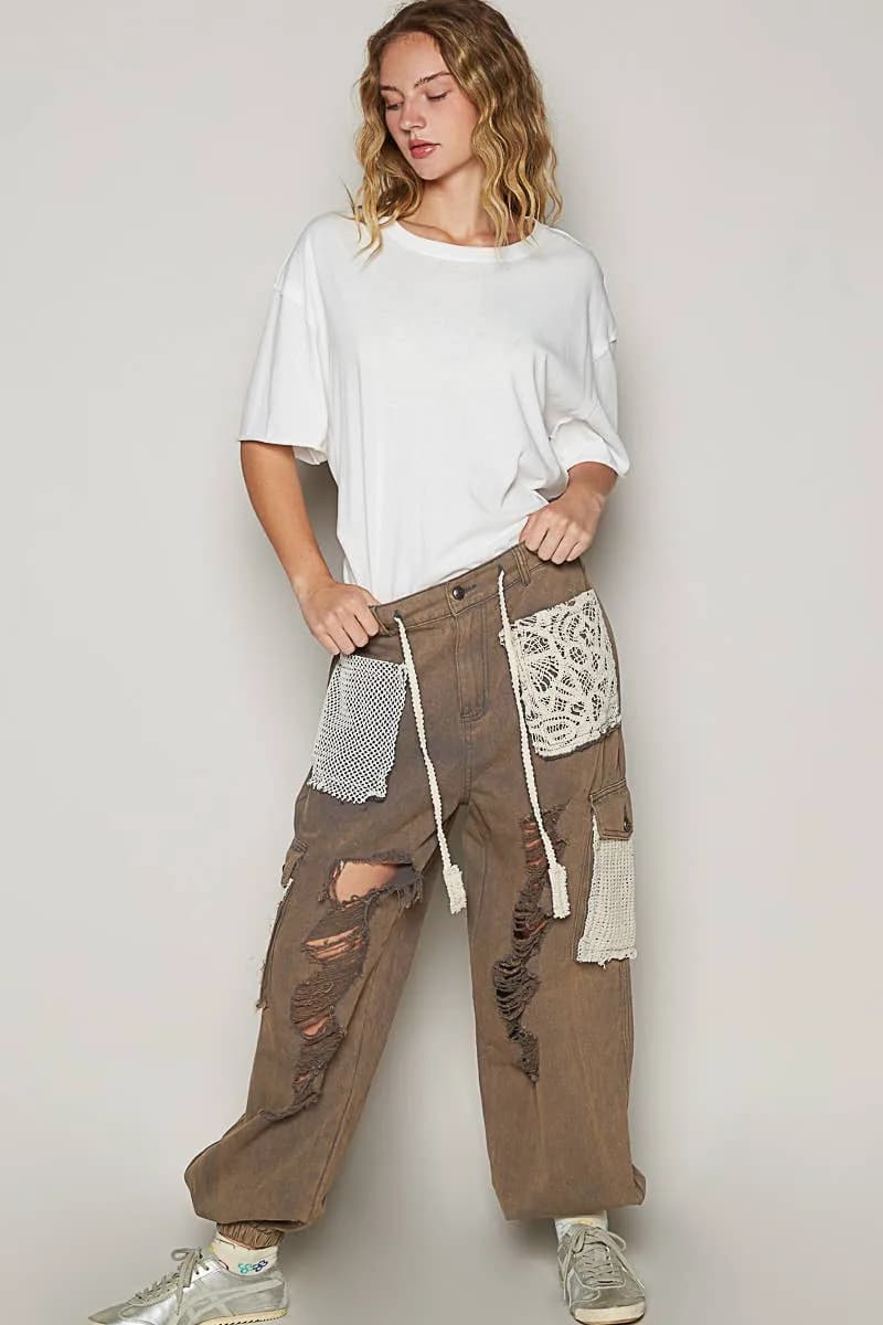 POL Camo Crochet Patches Distressed Jogger Pants