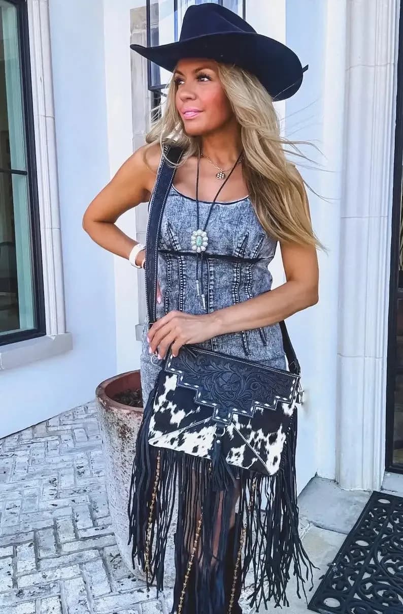 DIXIE CROSSBODY Cowhide Western Tooled Leather Fringe Purse