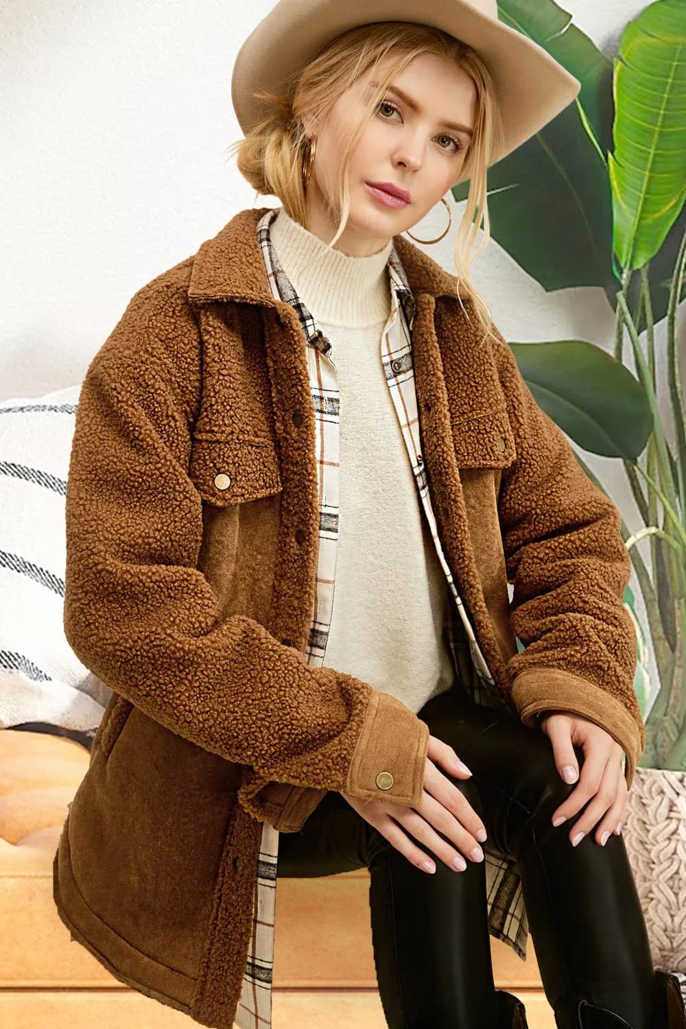 La Miel Faux Suede Oversized Button Down Jacket with Pockets
