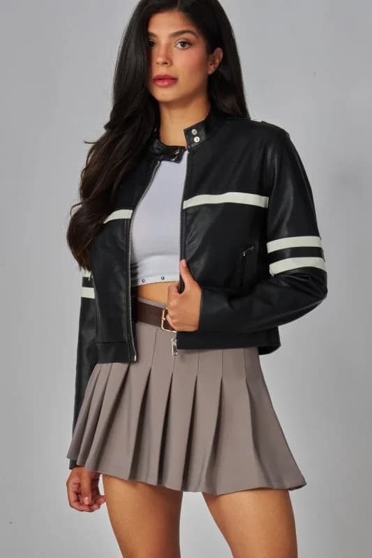 Faux Leather Racing Stripes Biker Jacket