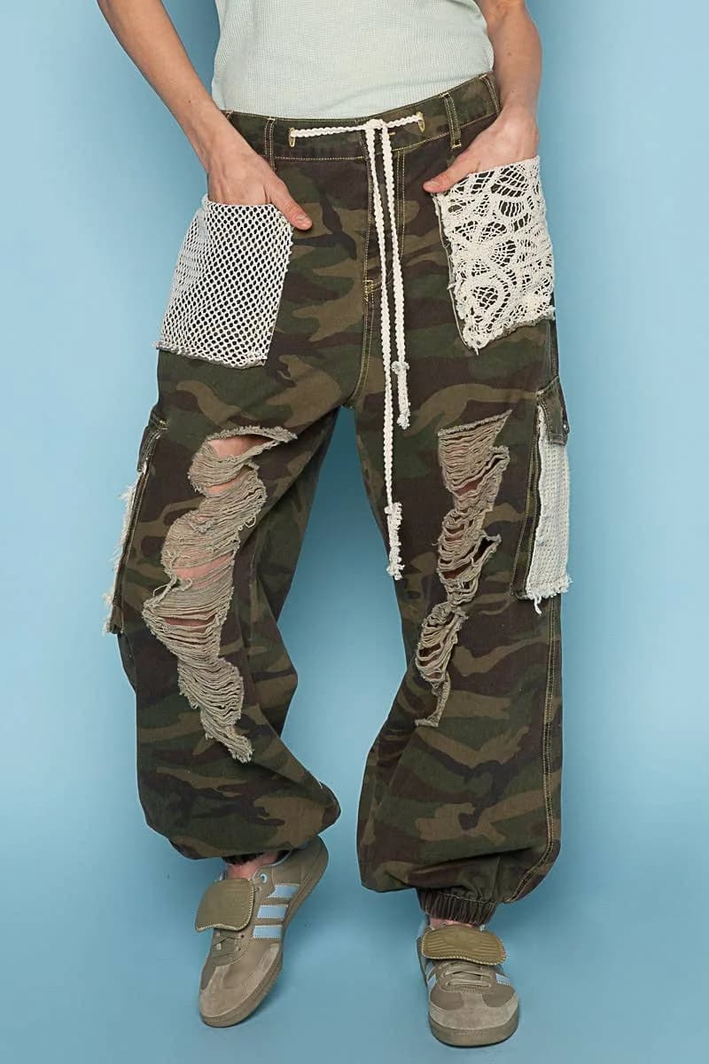POL Camo Crochet Patches Distressed Jogger Pants