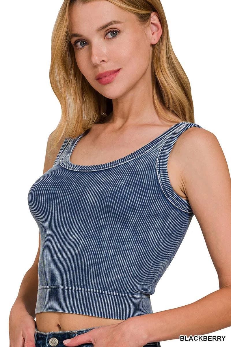 Washed Ribbed Cropped Seamless Scoop Neck Tank Top