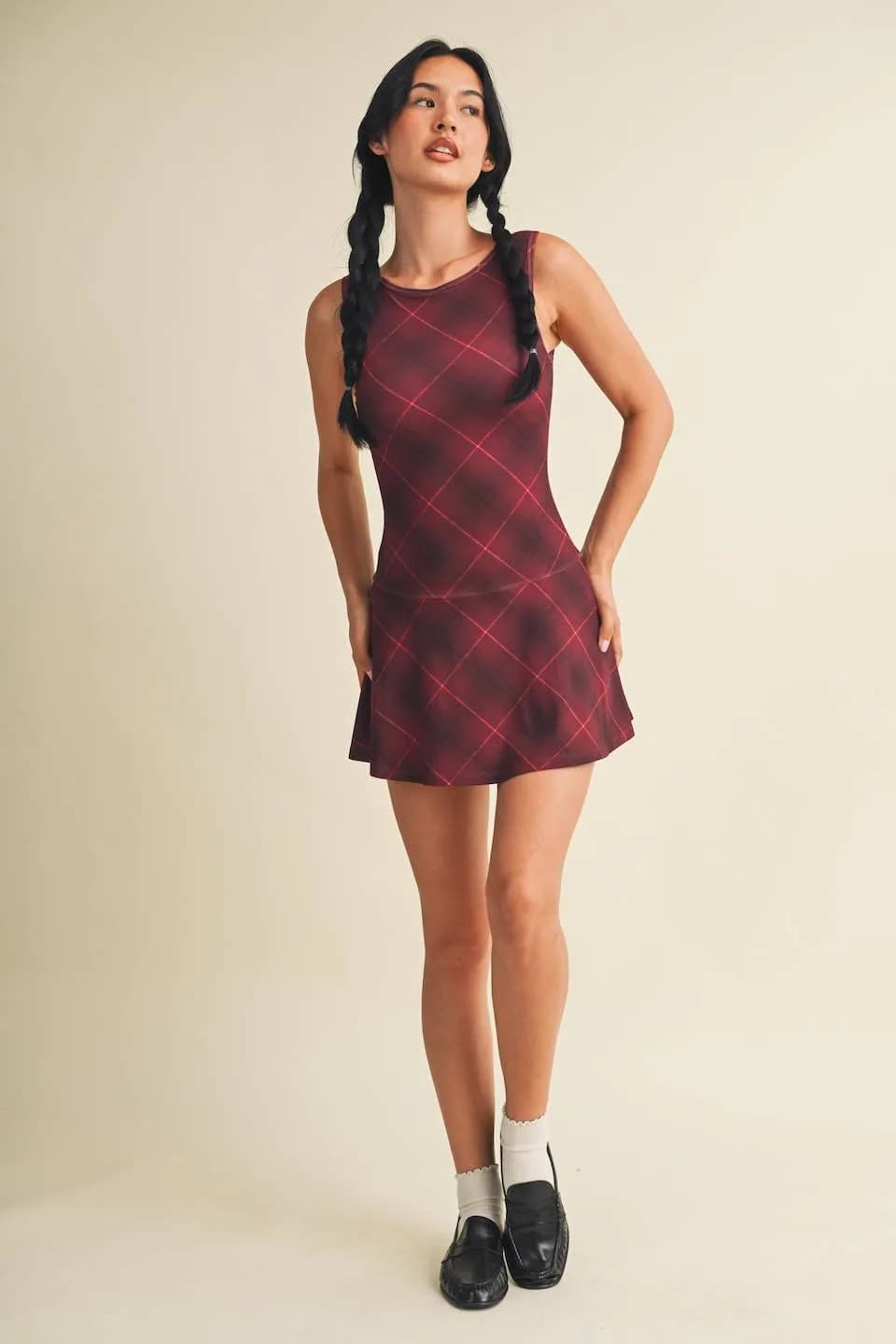 Pre- Order Plaid Print A-Line Mini Dress with Drop Waist by Glowie (Ships October)