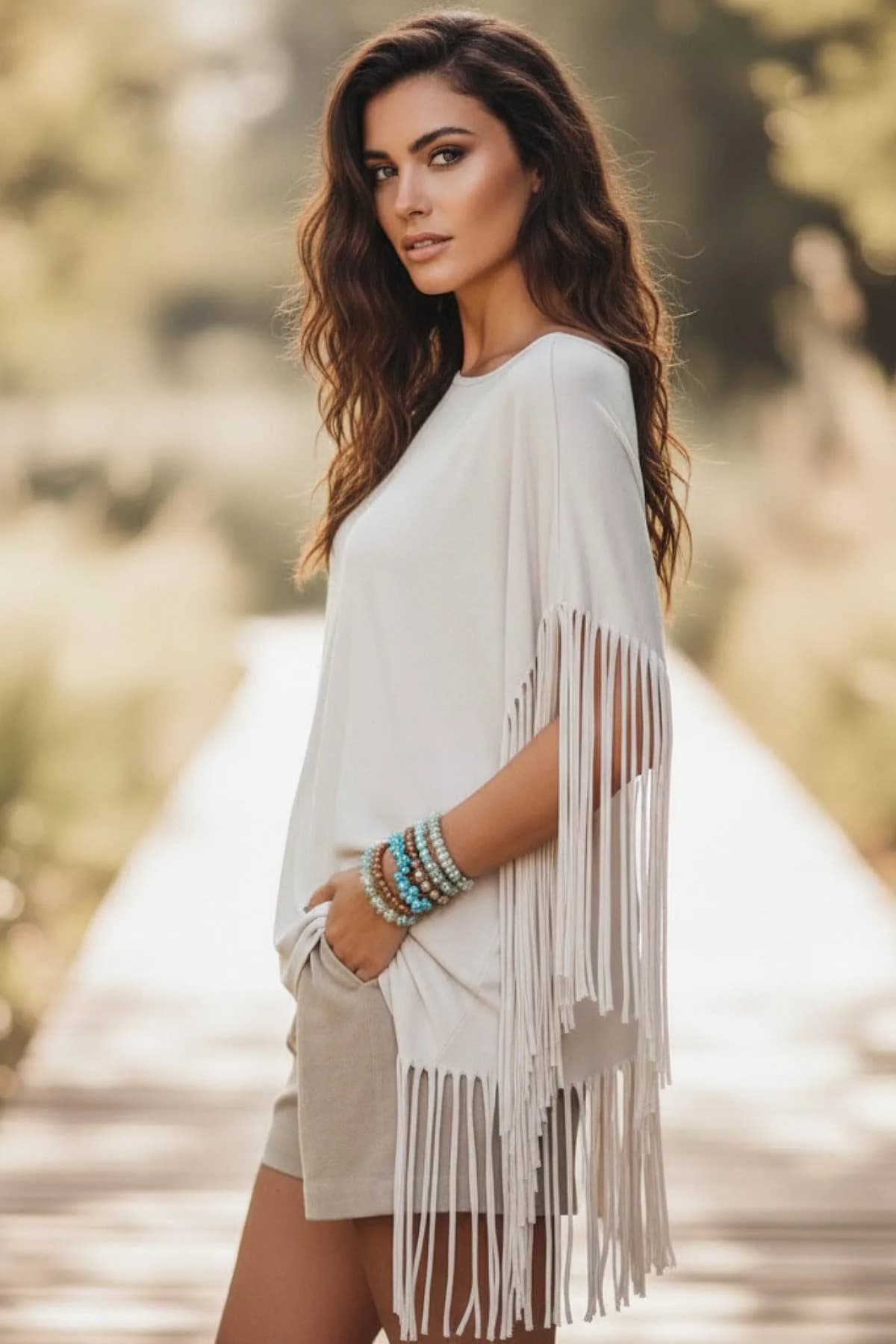 Shally Solid Soft Stretch Fringed Tunic Top