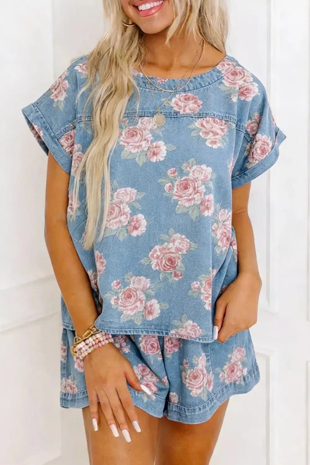 Floral Print Top and Shorts Denim Set