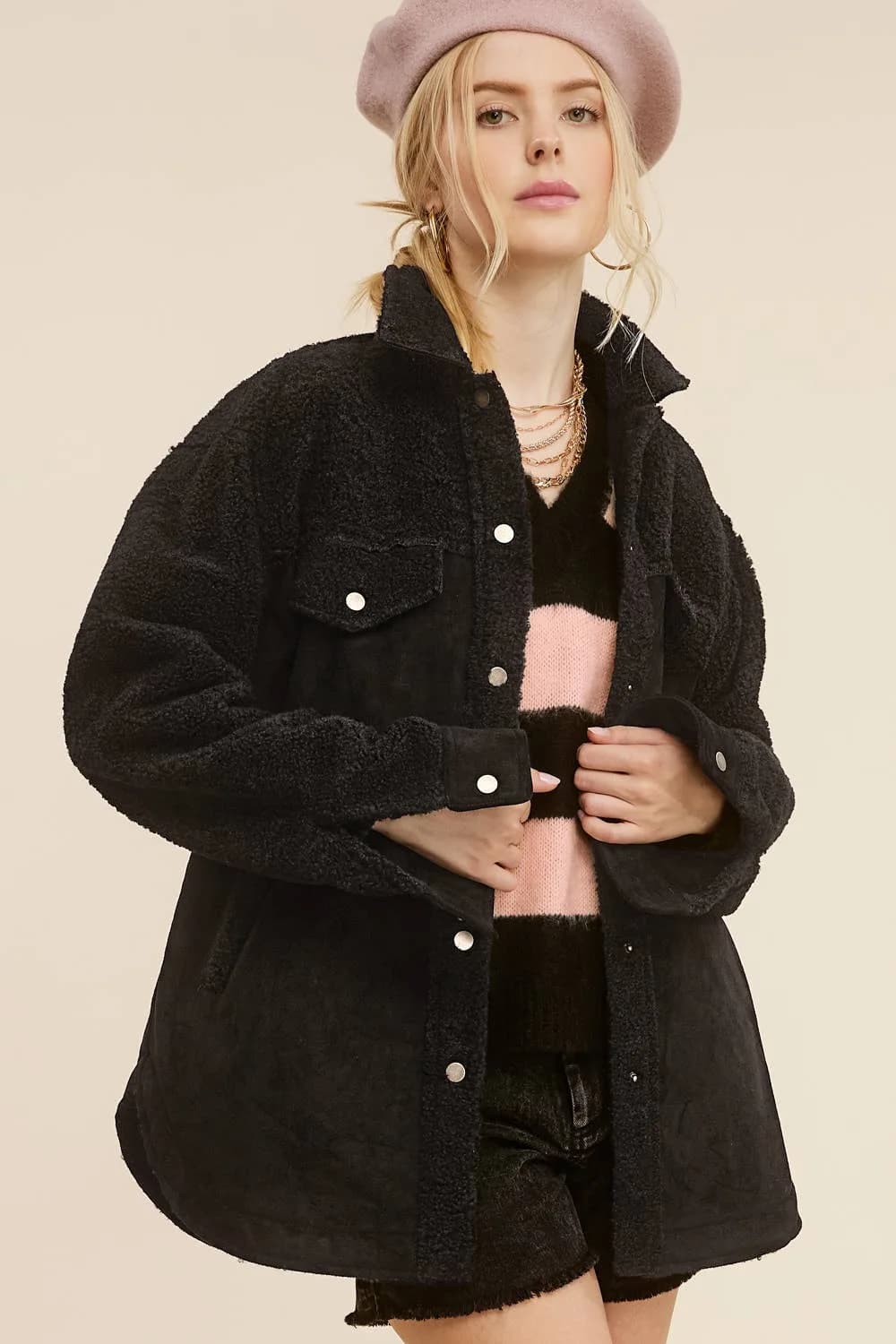 La Miel Faux Suede Oversized Button Down Jacket with Pockets