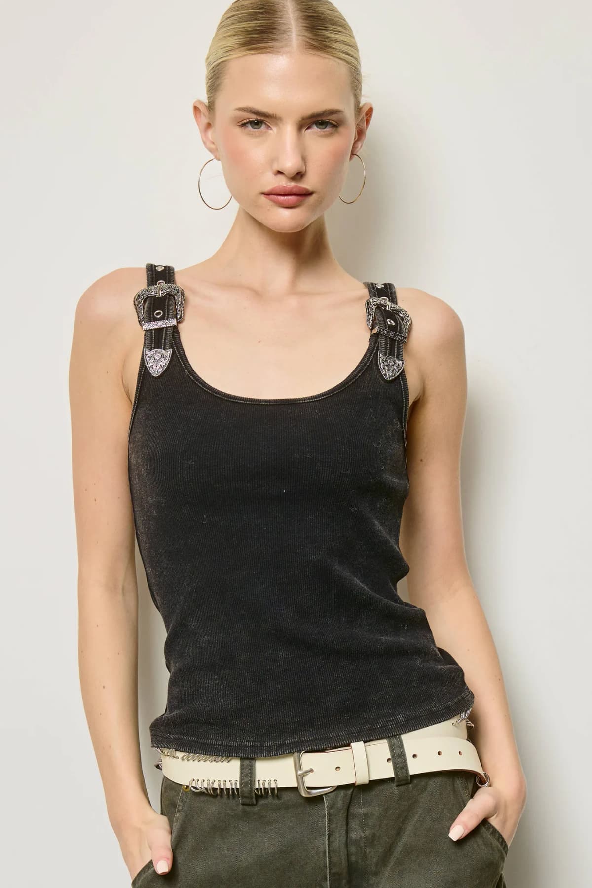 Western Silver Belt Trim Washed Tank Top