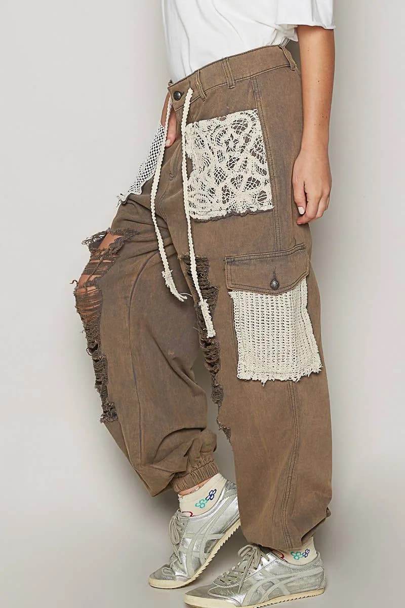 POL Camo Crochet Patches Distressed Jogger Pants