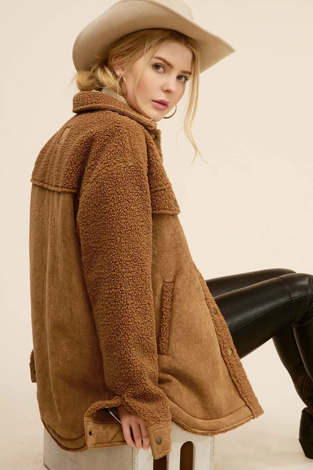 La Miel Faux Suede Oversized Button Down Jacket with Pockets