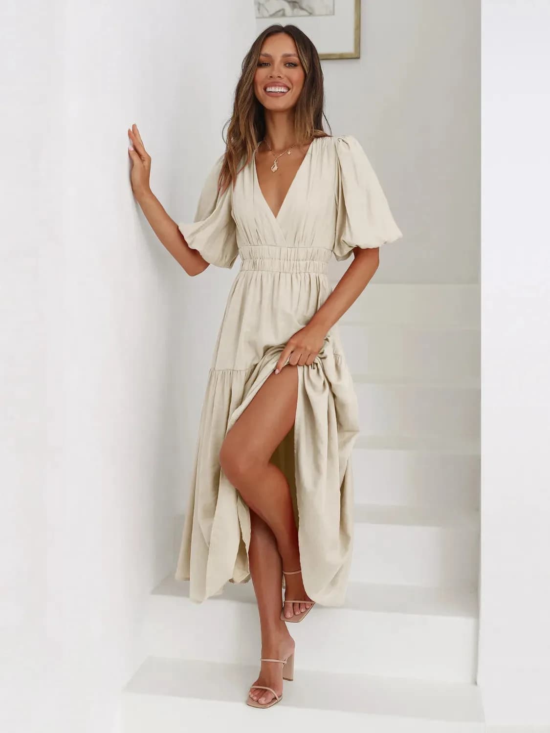 Tiered Surplice Half Sleeve Midi Dress in Multiple Colors