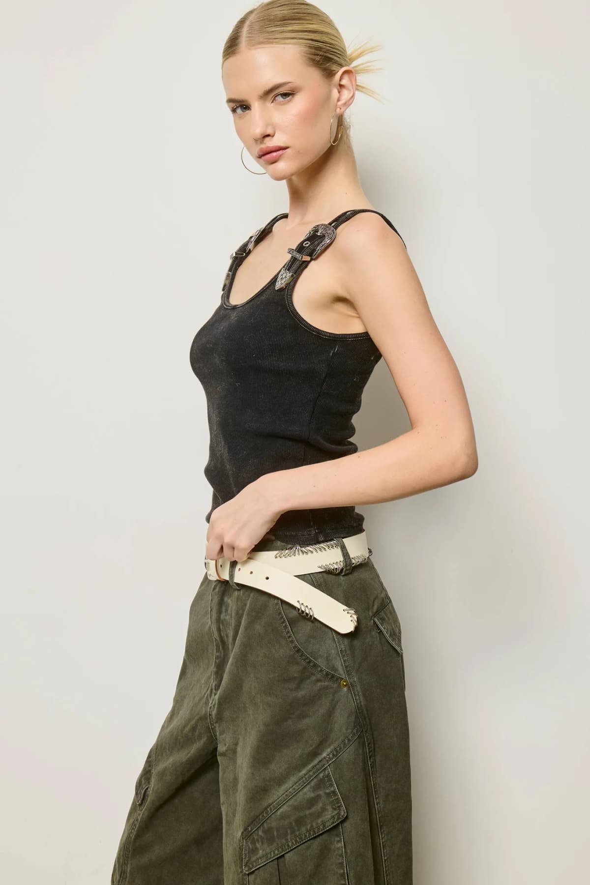 Western Silver Belt Trim Washed Tank Top