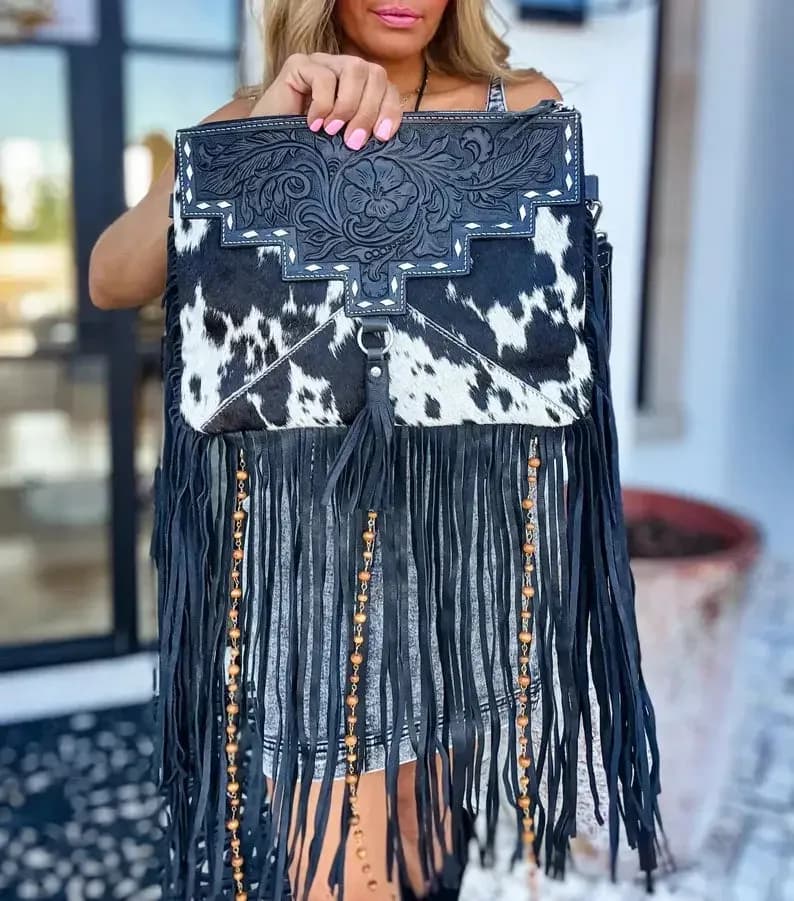 DIXIE CROSSBODY Cowhide Western Tooled Leather Fringe Purse