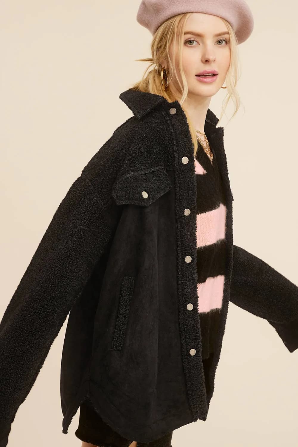 La Miel Faux Suede Oversized Button Down Jacket with Pockets