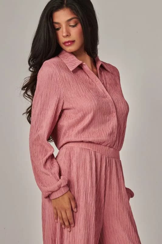 Crinkled Plisse Button Up Casual Jumpsuit
