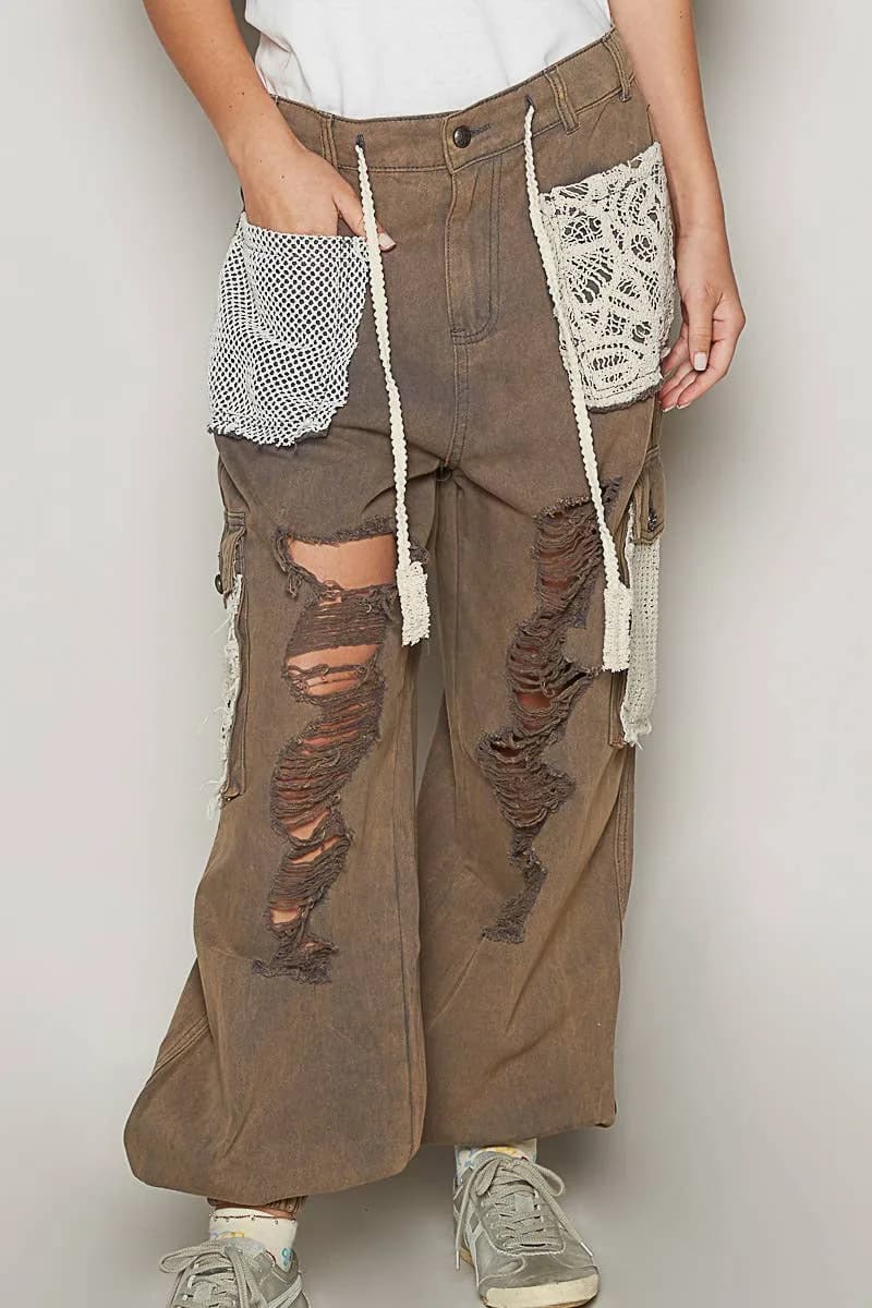 POL Camo Crochet Patches Distressed Jogger Pants