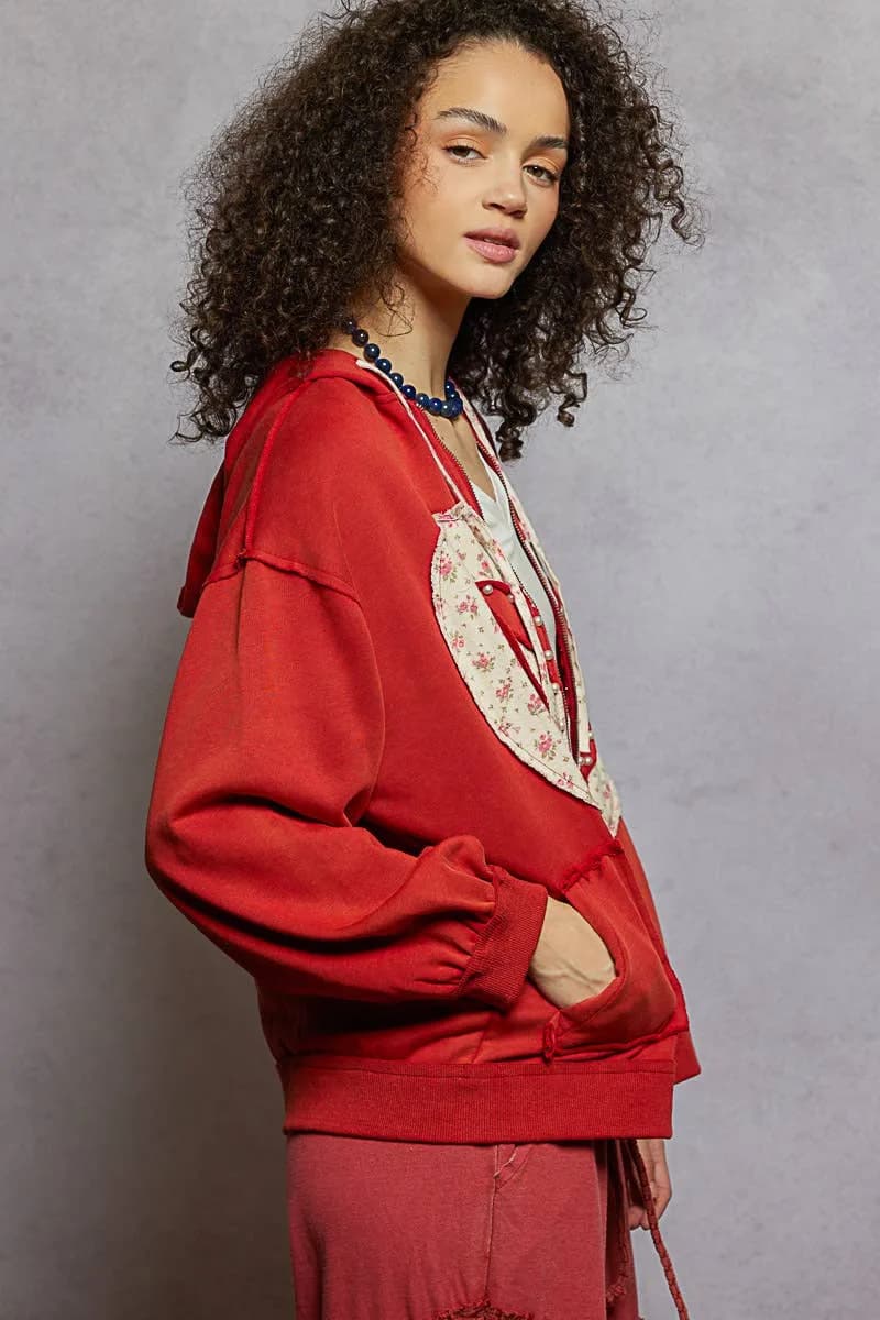 French Terry Long Sleeve Patch Zip Up Hoodie Knit Jacket