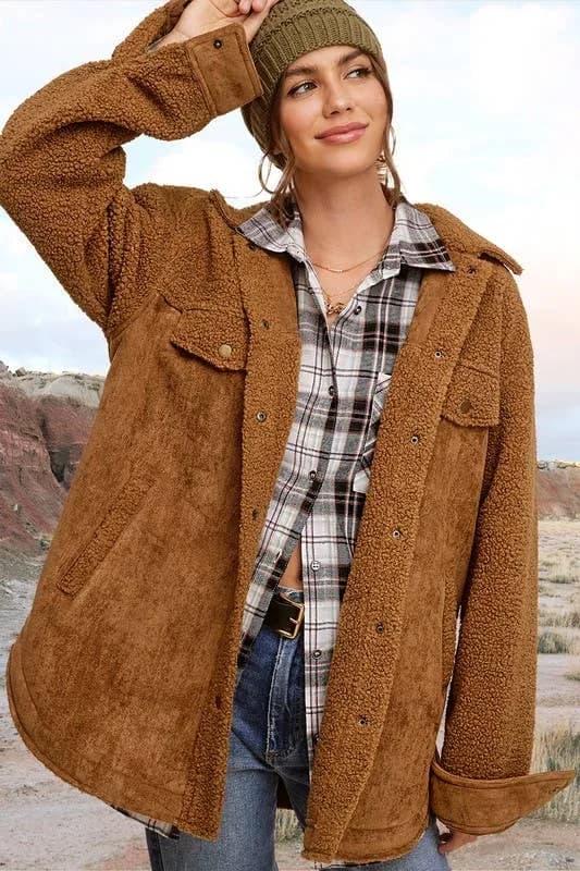 La Miel Faux Suede Oversized Button Down Jacket with Pockets