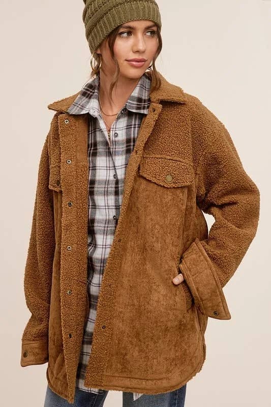 La Miel Faux Suede Oversized Button Down Jacket with Pockets