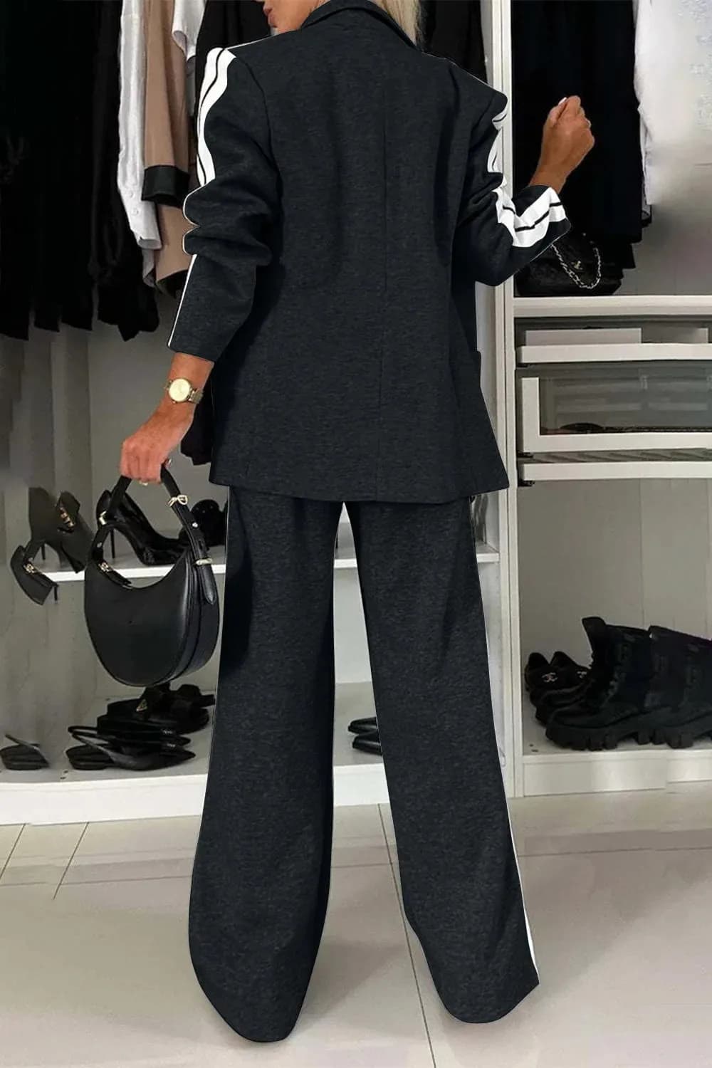 Full Size Contrast Lapel Collar Top and Pants Set in Multiple Colors