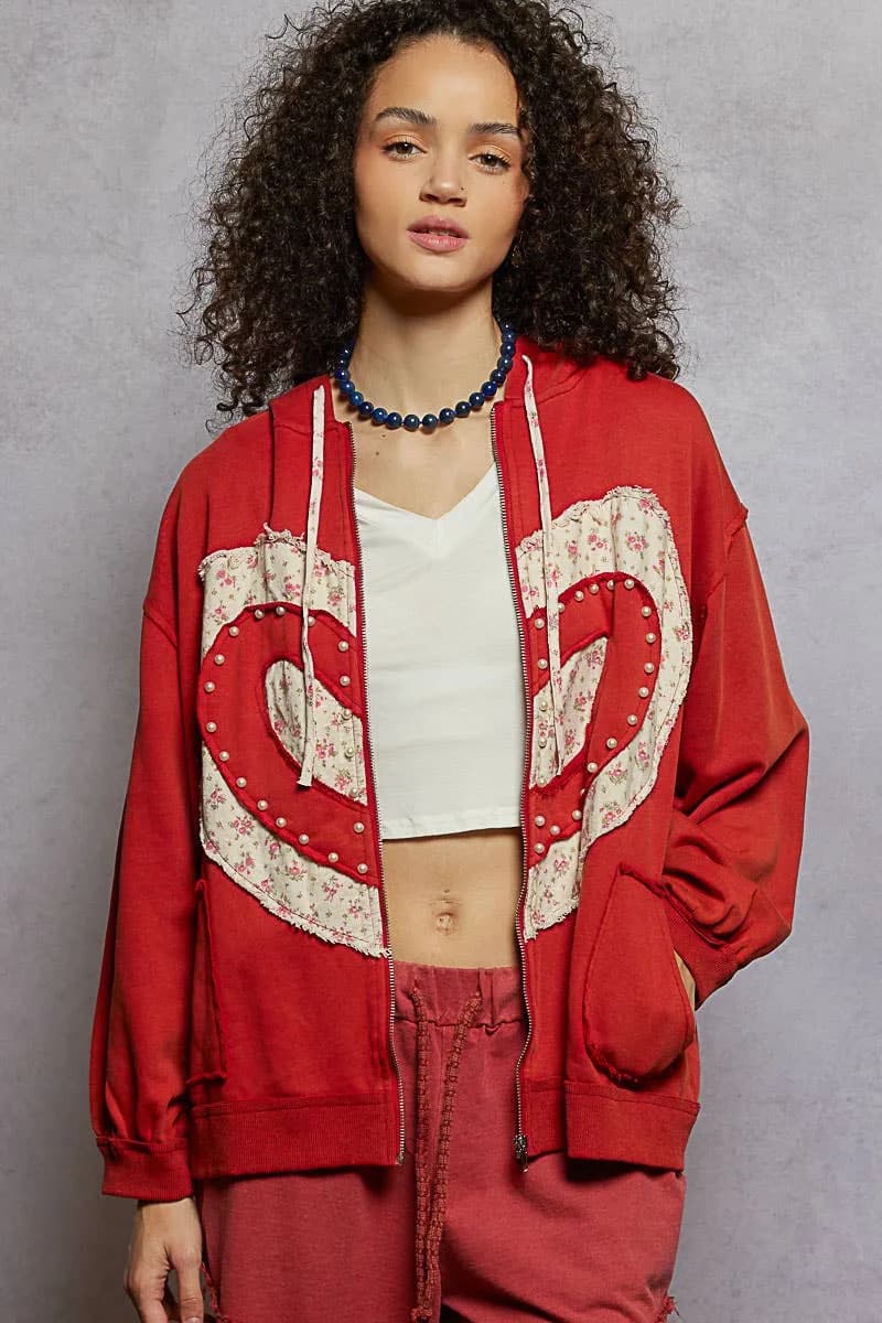 French Terry Long Sleeve Patch Zip Up Hoodie Knit Jacket