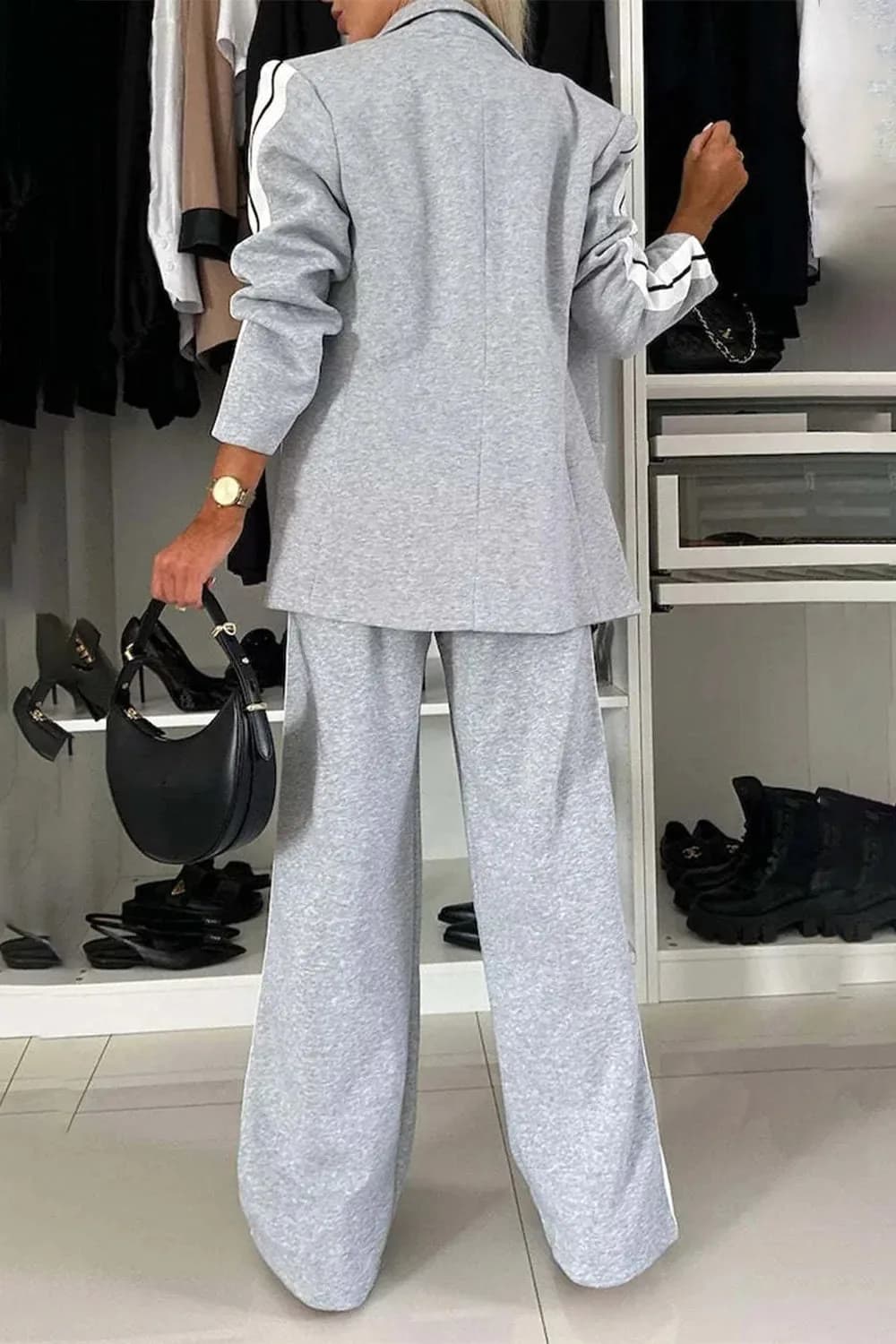 Full Size Contrast Lapel Collar Top and Pants Set in Multiple Colors
