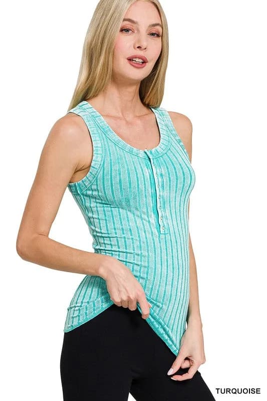 Washed Ribbed Scoop Neck Henry Tank Buttery Soft Top Zenana