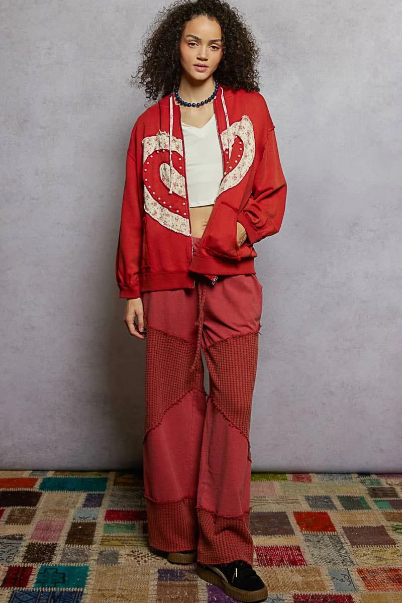French Terry Long Sleeve Patch Zip Up Hoodie Knit Jacket