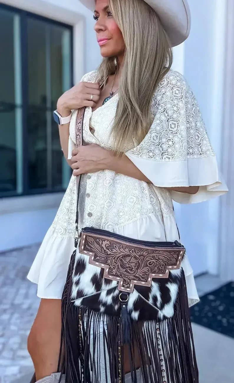 DIXIE CROSSBODY Cowhide Western Tooled Leather Fringe Purse