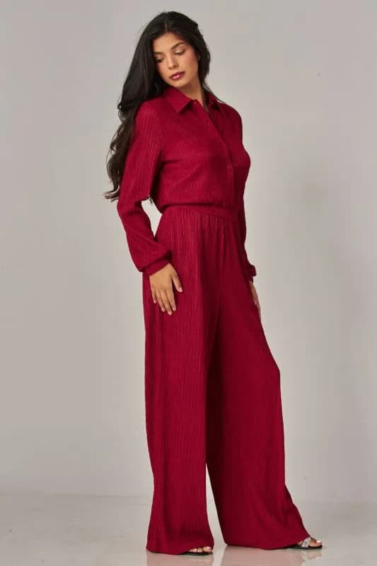 Crinkled Plisse Button Up Casual Jumpsuit