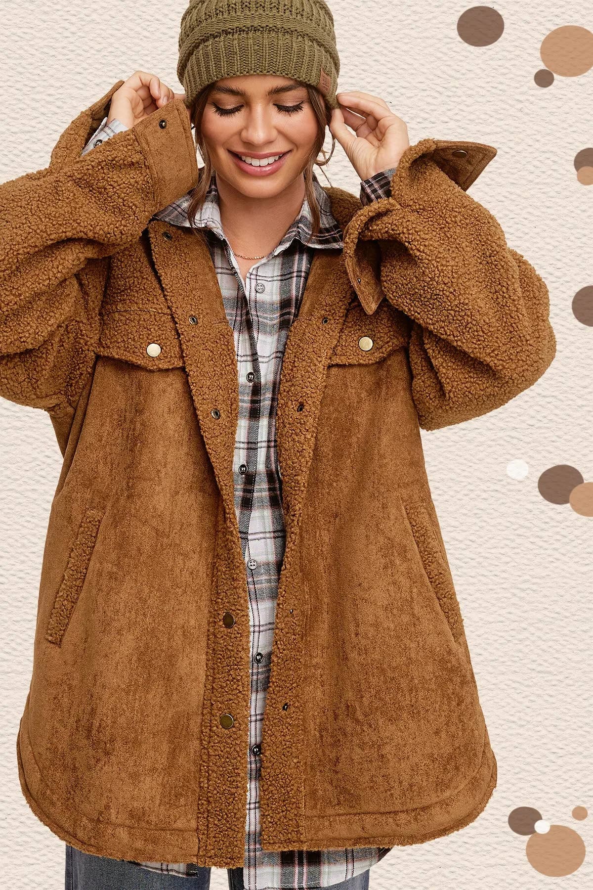 La Miel Faux Suede Oversized Button Down Jacket with Pockets