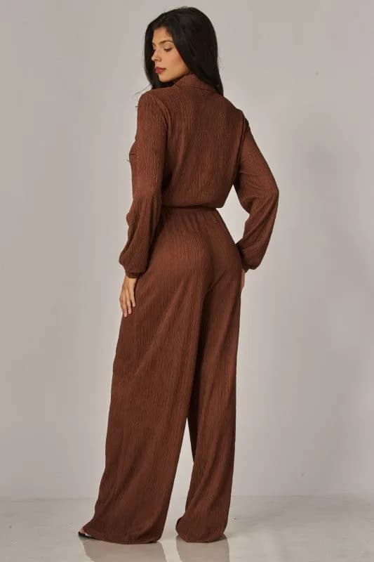 Crinkled Plisse Button Up Casual Jumpsuit