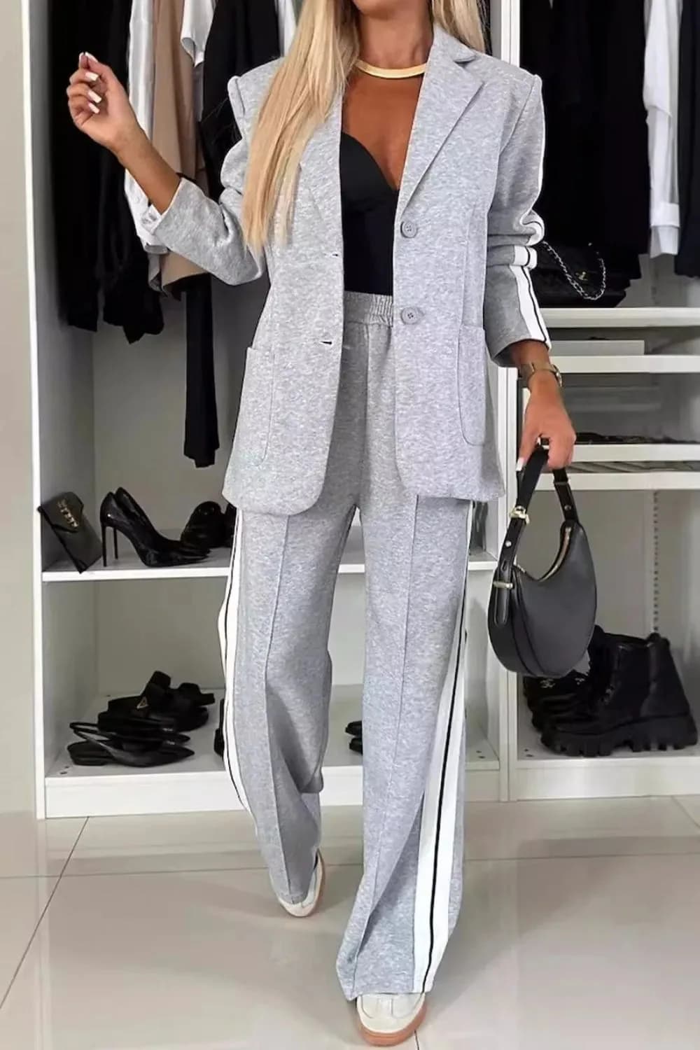 Full Size Contrast Lapel Collar Top and Pants Set in Multiple Colors