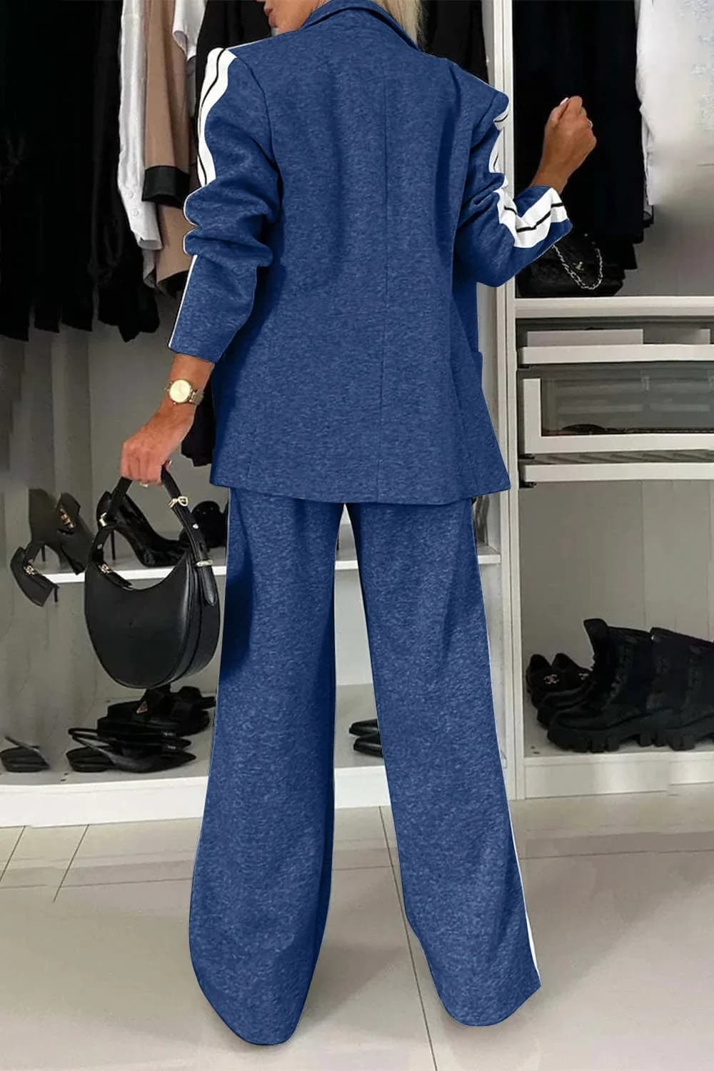 Full Size Contrast Lapel Collar Top and Pants Set in Multiple Colors