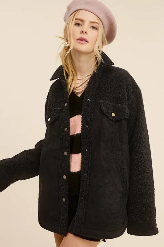 La Miel Faux Suede Oversized Button Down Jacket with Pockets