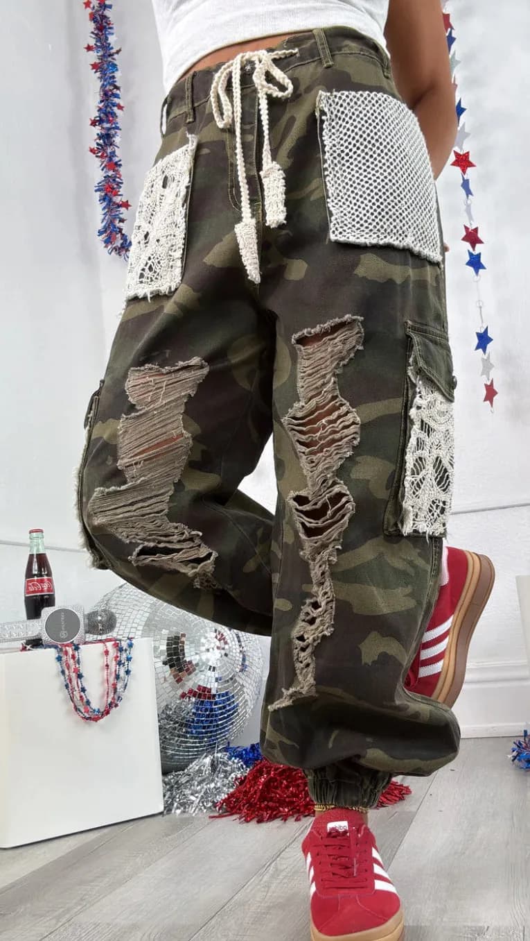 POL Camo Crochet Patches Distressed Jogger Pants