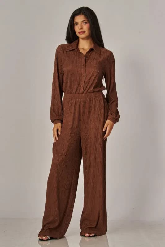 Crinkled Plisse Button Up Casual Jumpsuit