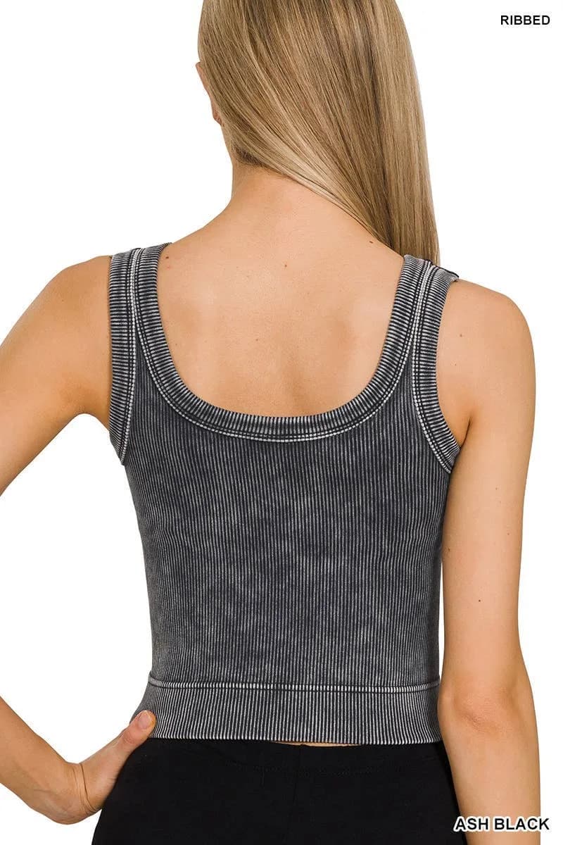 Washed Ribbed Cropped Seamless Scoop Neck Tank Top