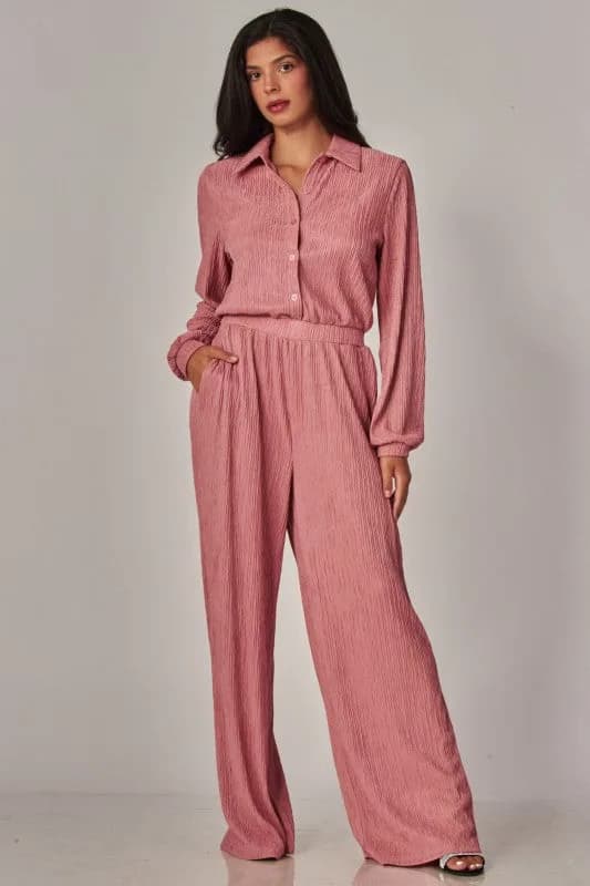 Crinkled Plisse Button Up Casual Jumpsuit
