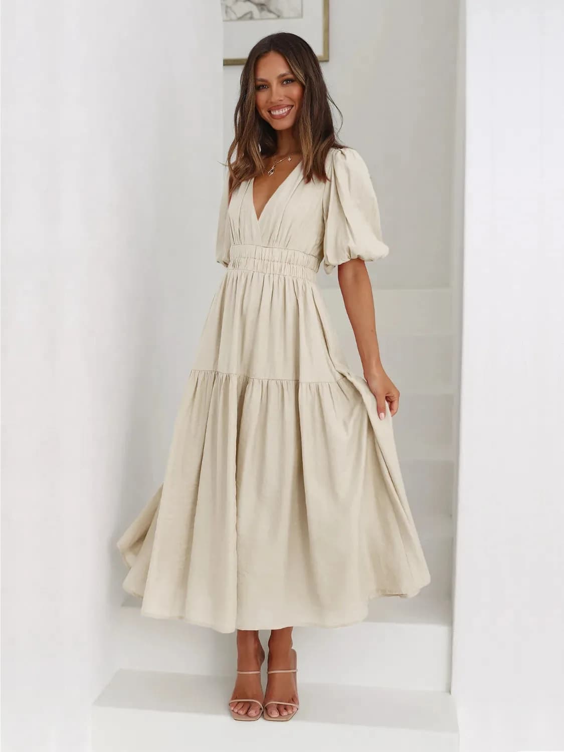 Tiered Surplice Half Sleeve Midi Dress in Multiple Colors