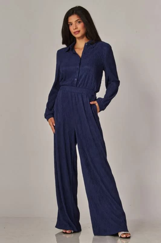 Crinkled Plisse Button Up Casual Jumpsuit