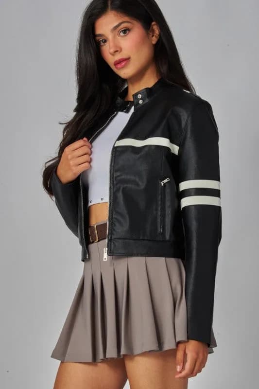 Faux Leather Racing Stripes Biker Jacket