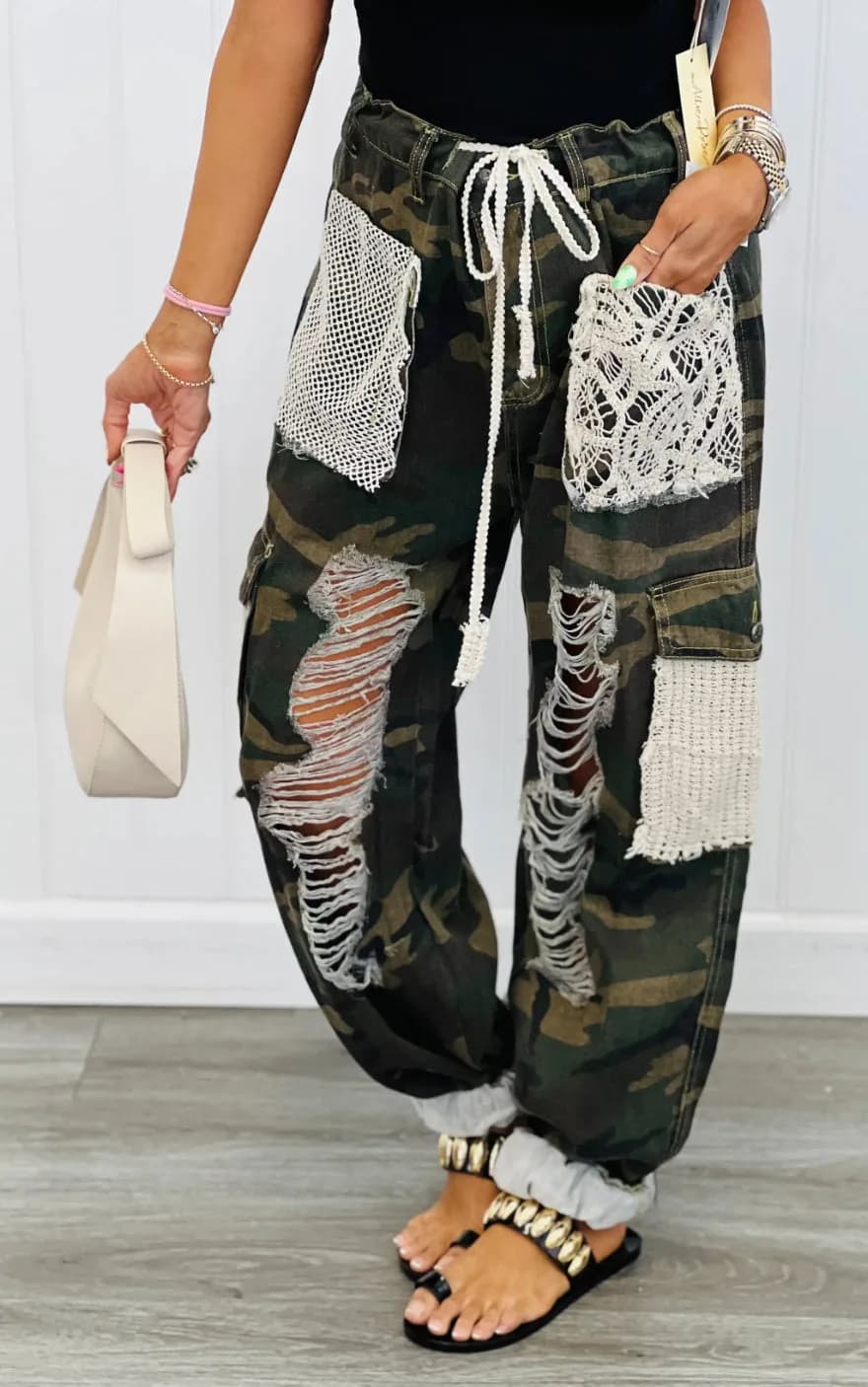 POL Camo Crochet Patches Distressed Jogger Pants