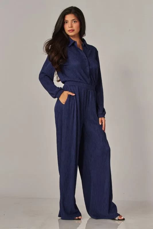 Crinkled Plisse Button Up Casual Jumpsuit