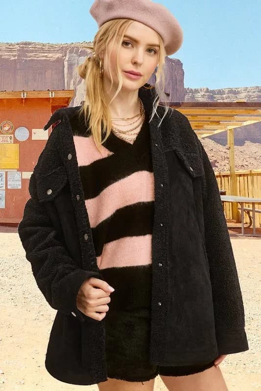 La Miel Faux Suede Oversized Button Down Jacket with Pockets