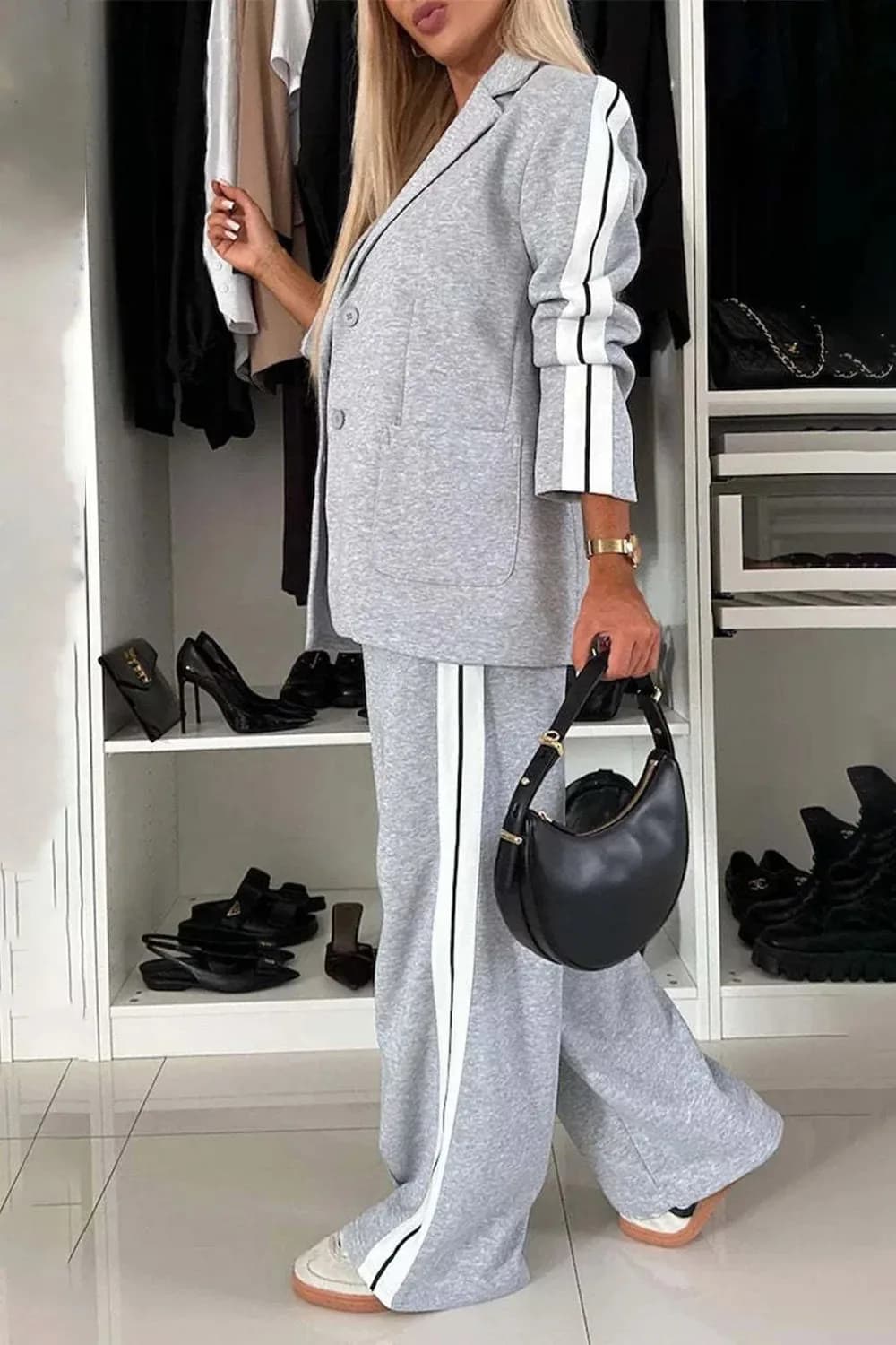 Full Size Contrast Lapel Collar Top and Pants Set in Multiple Colors