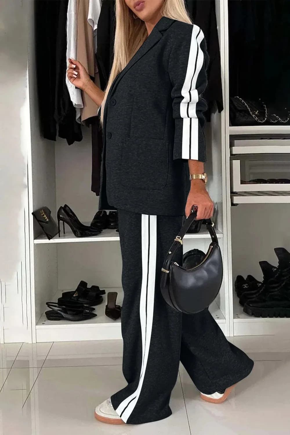 Full Size Contrast Lapel Collar Top and Pants Set in Multiple Colors