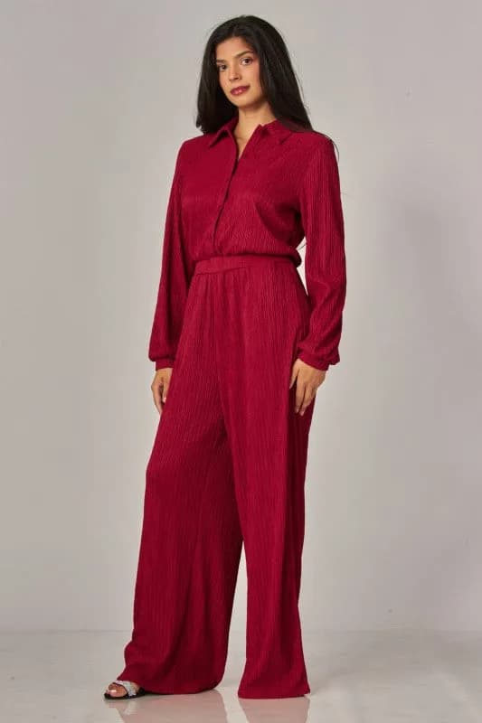 Crinkled Plisse Button Up Casual Jumpsuit