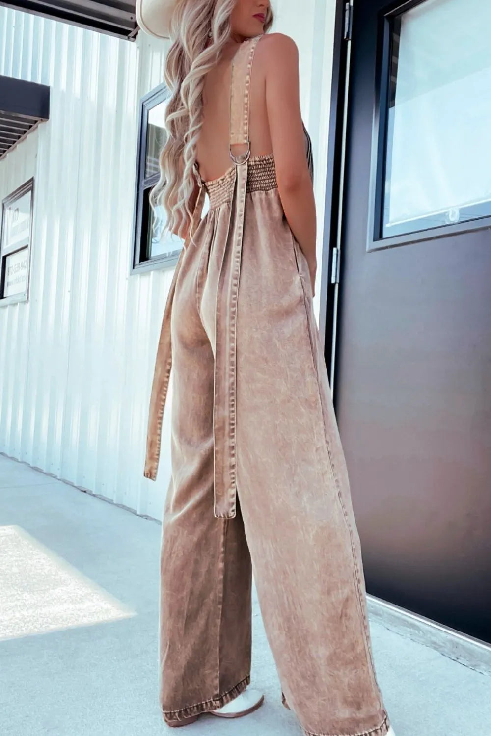 V-Neck Wide Leg Denim Jumpsuit in Khaki and Medium Wash