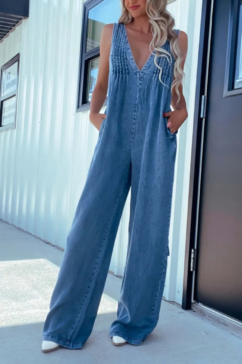 V-Neck Wide Leg Denim Jumpsuit in Khaki and Medium Wash