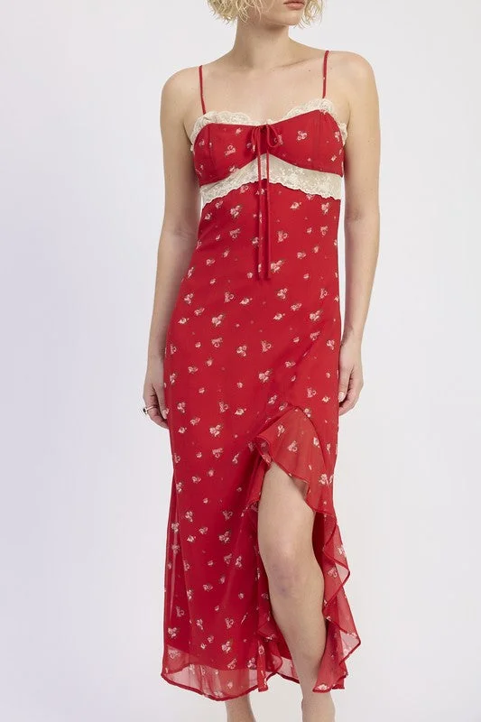 SPAGHETTIE STRAP RUFFLE MAXI DRESS